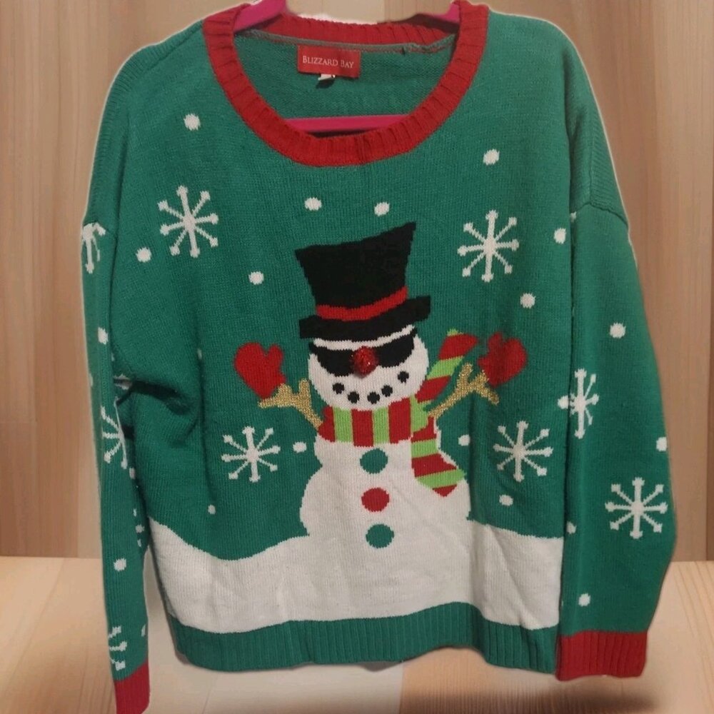 Blizzard Bay Men’s L Green Ugly Christmas Cool Snowman‎ Sunglasses Sweater
